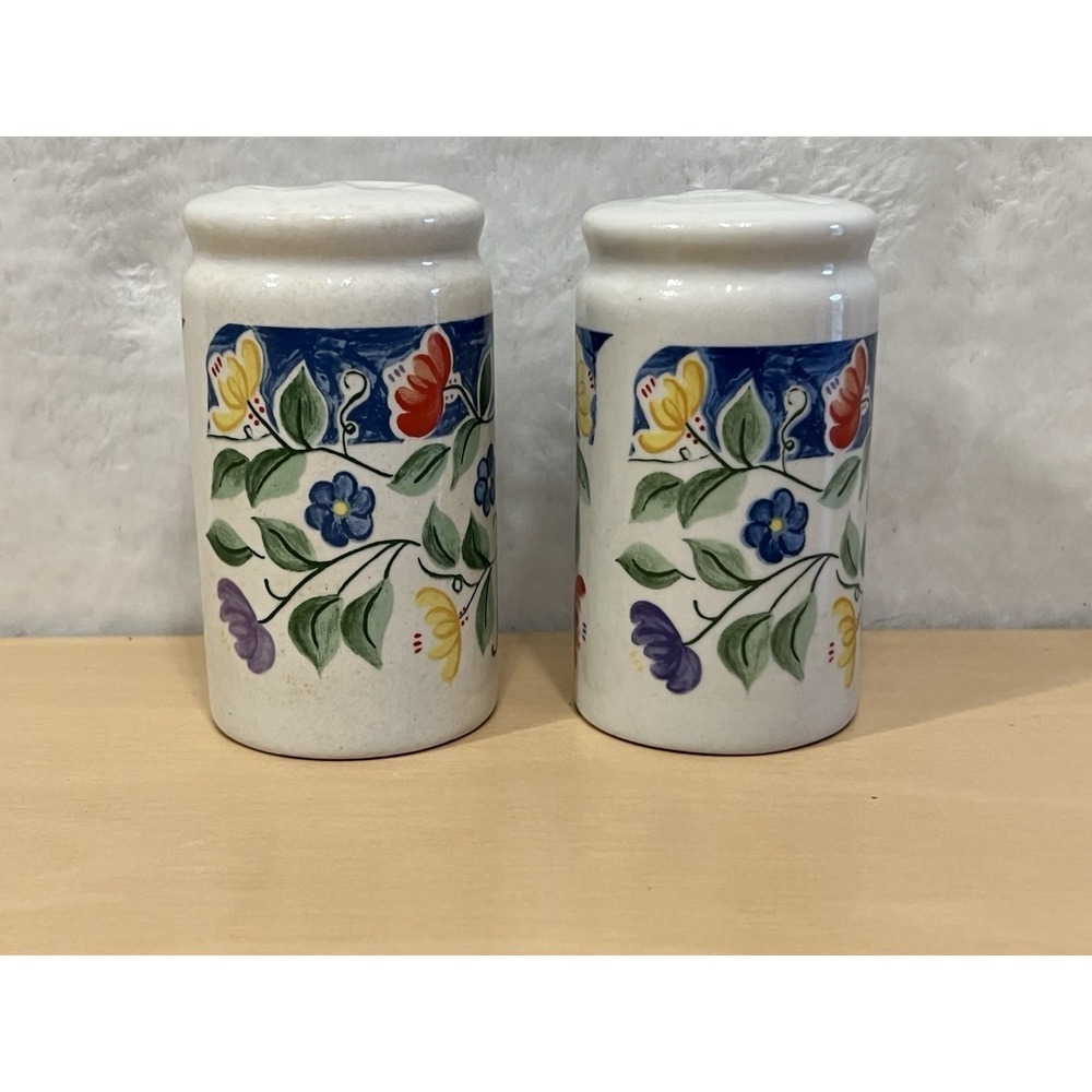 Tabletops Unlimited Nicole Salt & Pepper Shakers Floral Ceramic Blue Band